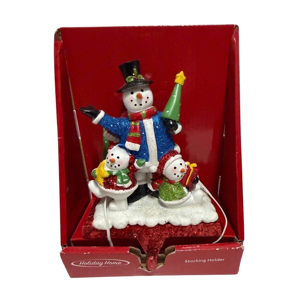 Holiday Home Snowman Family Christmas Stocking Holder Glitter Weighted Base‎ NEW